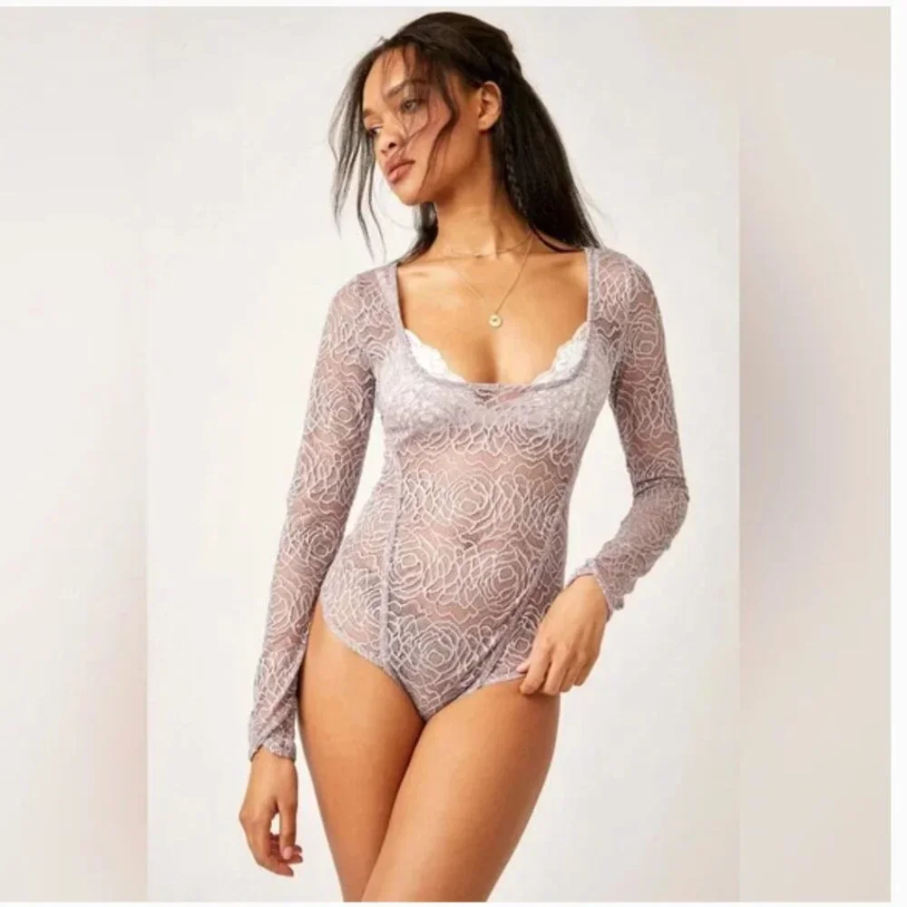 NWT Free People In My Head Sheer Lace Bodysuit Small, THIMBLE SMALL